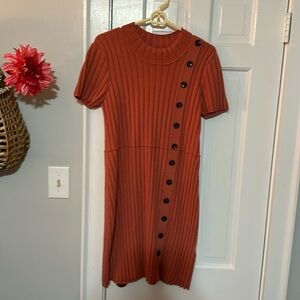 Free People Ribbed Button-Accent Dress in Rust
